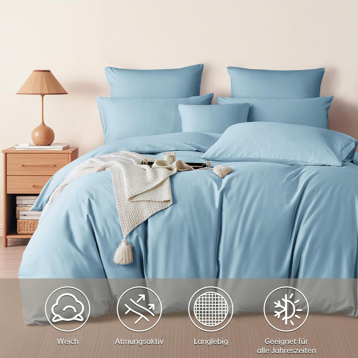 Satin Bettwäsche Set 200x200 cm Baumwolle Blau