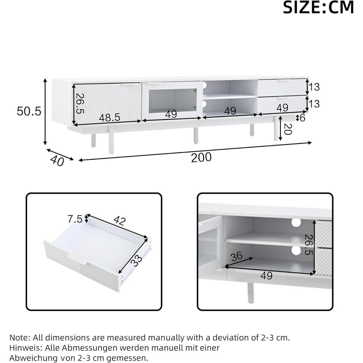 TV Lowboard Weiß mit Stauraum – 200x40x50.5cm