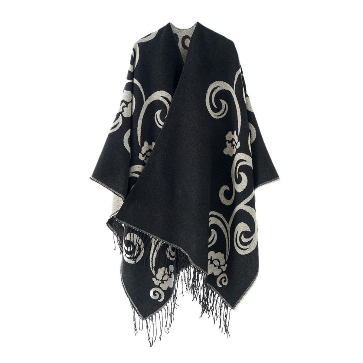 Poncho Strickjacke Damen Offene Front Schwarz Weiß | Übergroßer Schal-Pullover