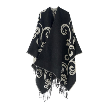 Poncho Strickjacke Damen Offene Front Schwarz Weiß | Übergroßer Schal-Pullover