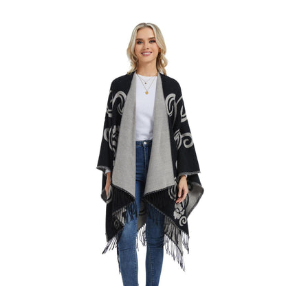 Poncho Strickjacke Damen Offene Front Schwarz Weiß | Übergroßer Schal-Pullover