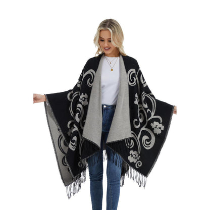 Poncho Strickjacke Damen Offene Front Schwarz Weiß | Übergroßer Schal-Pullover