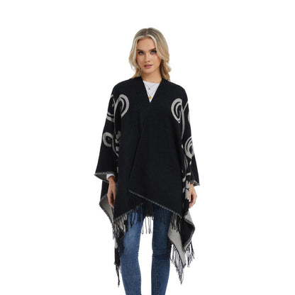 Poncho Strickjacke Damen Offene Front Schwarz Weiß | Übergroßer Schal-Pullover