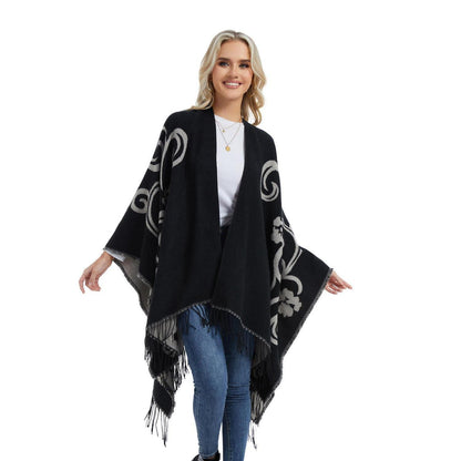 Poncho Strickjacke Damen Offene Front Schwarz Weiß | Übergroßer Schal-Pullover
