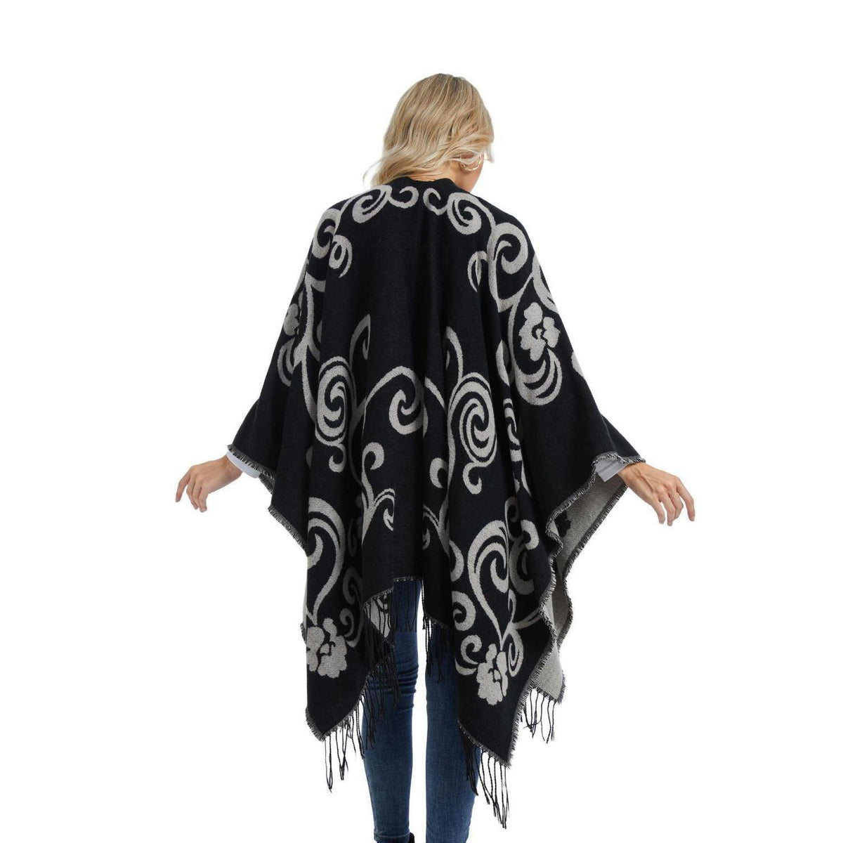 Poncho Strickjacke Damen Offene Front Schwarz Weiß | Übergroßer Schal-Pullover