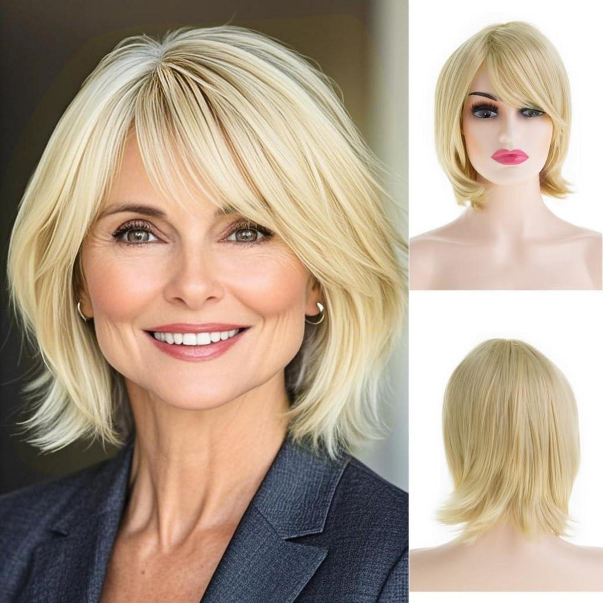 Blonde Kurzhaarperücke Damen Synthetisch mit Pony