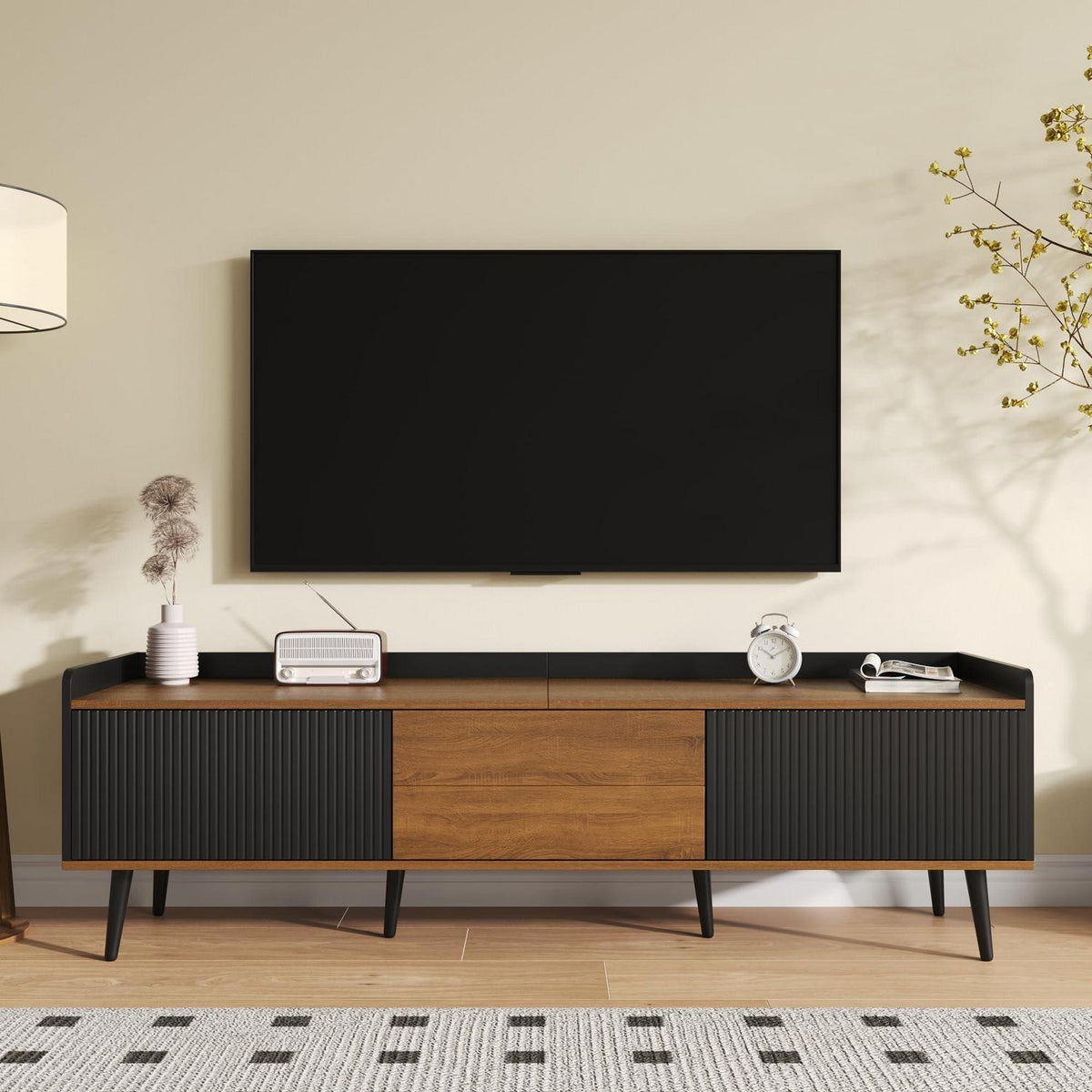 TV Lowboard Schwarz/Holz mit 3 Türen – 160x39x49,5cm