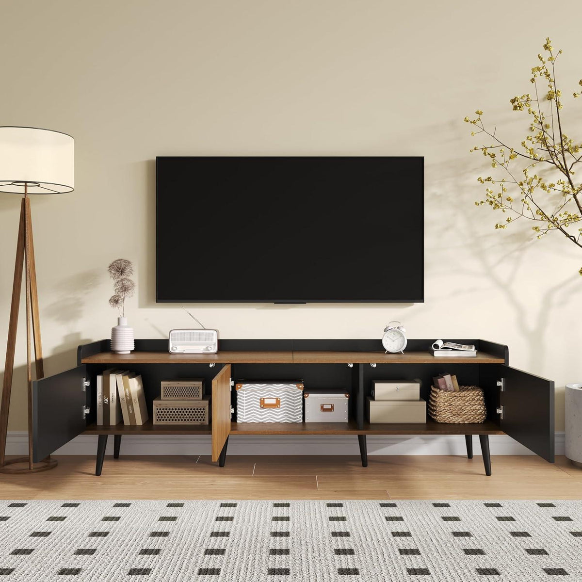 TV Lowboard Schwarz/Holz mit 3 Türen – 160x39x49,5cm