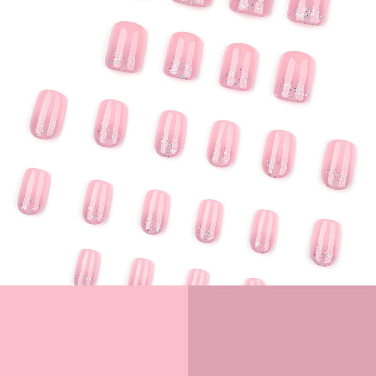 Rosa Glitzer Press On Nails - Kurze, Square Fake Nails mit Kleber