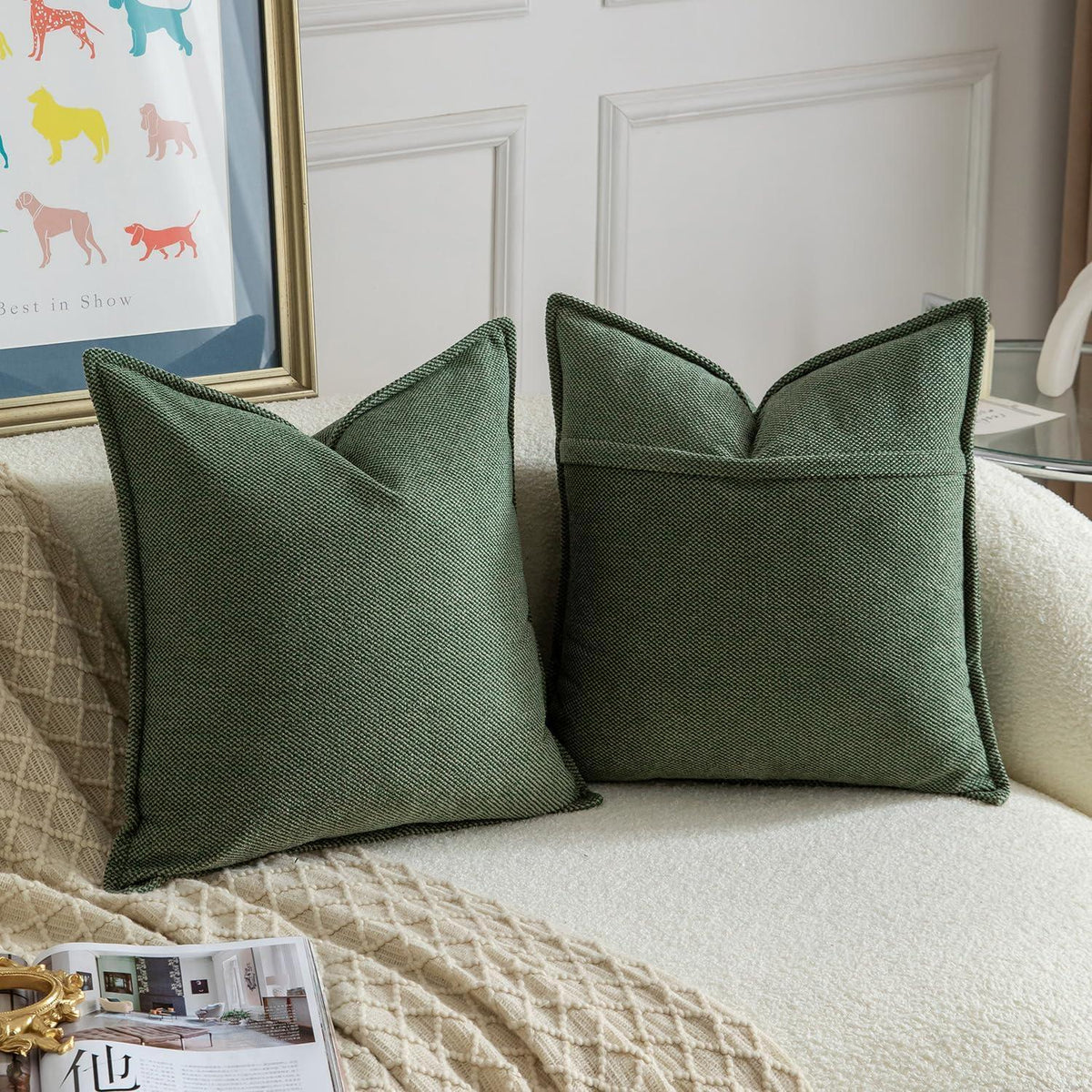 2x Chenille Kissenbezug Grün 60x60 cm - Weiche Boho Deko