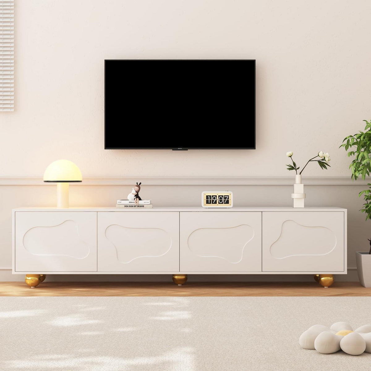 TV Lowboard weiß mit Wolken Design & Stauraum (180x40x45cm)