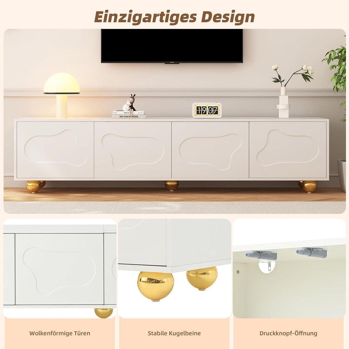 TV Lowboard weiß mit Wolken Design & Stauraum (180x40x45cm)