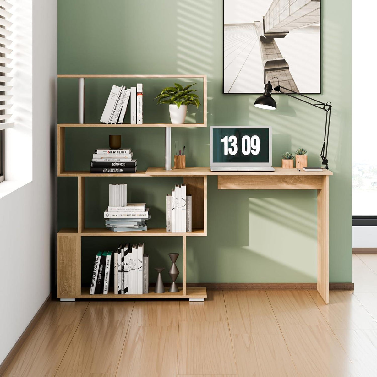 L-Schreibtisch mit drehbarem Bücherregal, Eiche