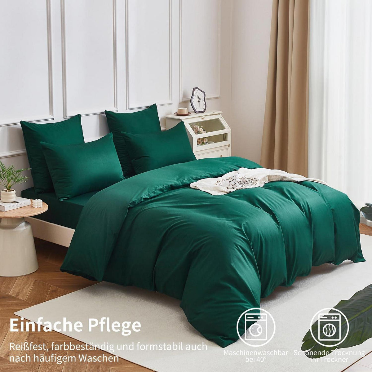 Dunkelgrüne Bettwäsche 135x200 - 4-teilig, 100% Baumwolle