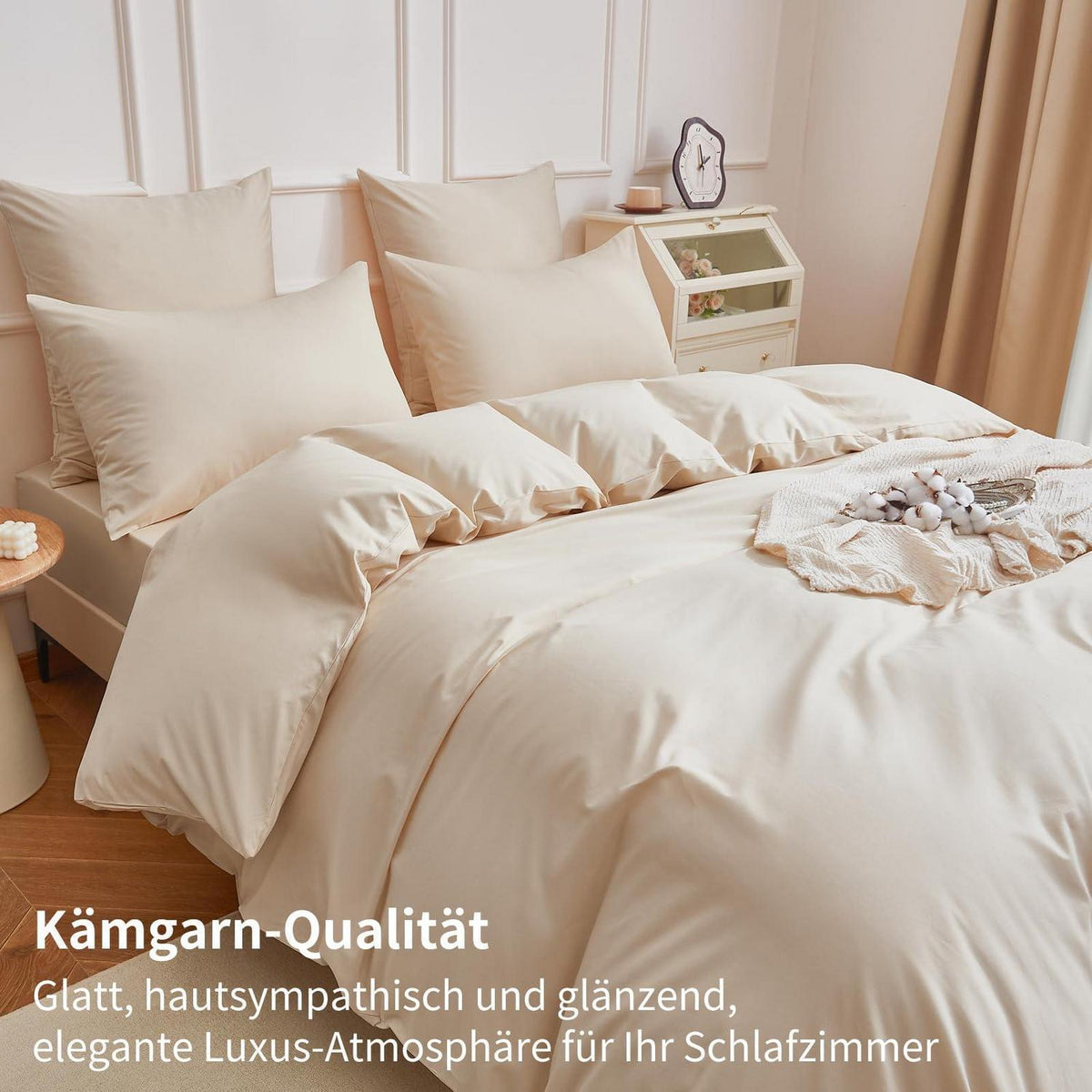 Baumwoll Bettwäsche Set 220x240 Beige – 3-teilig, Kühlend & Weich