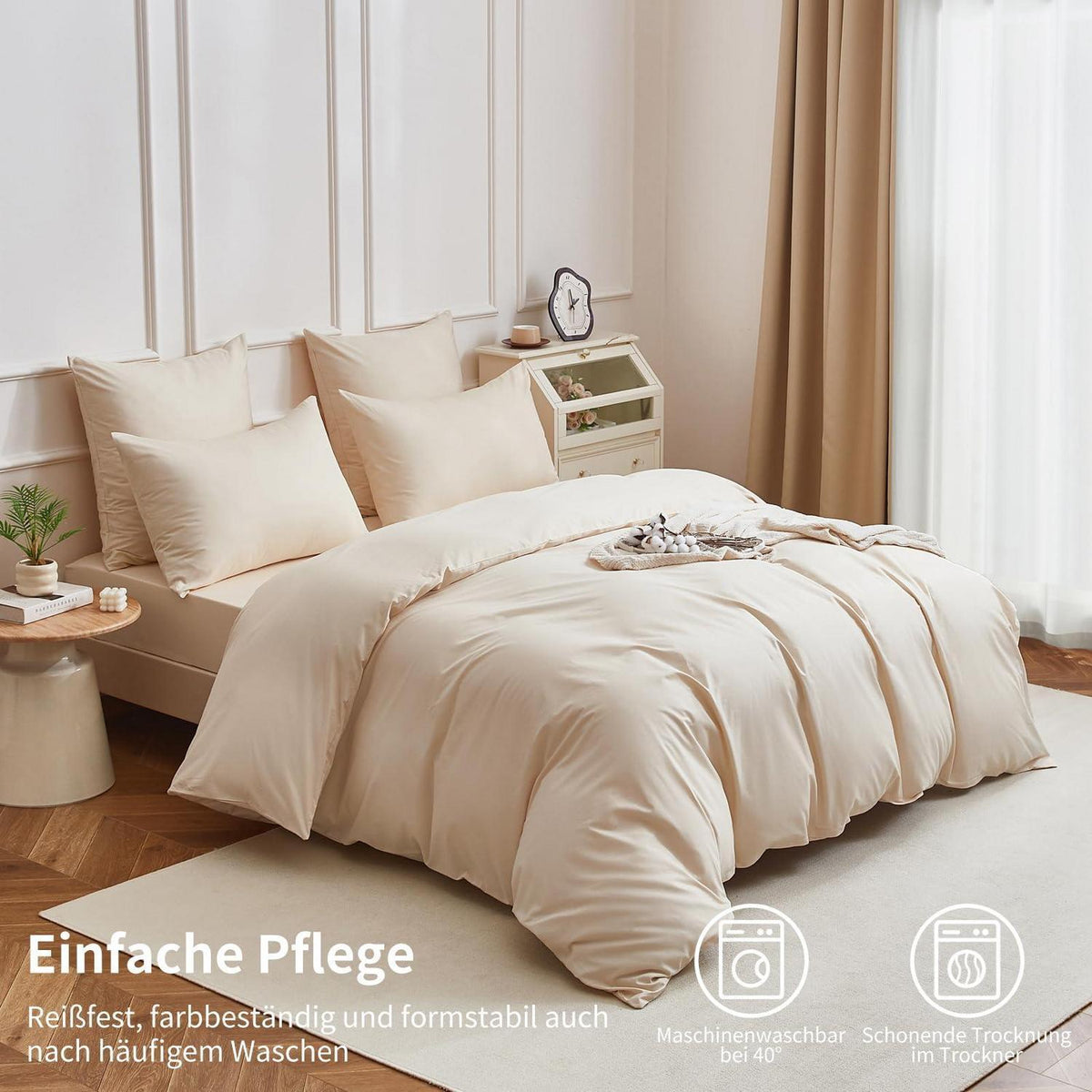 Baumwoll Bettwäsche Set 220x240 Beige – 3-teilig, Kühlend & Weich
