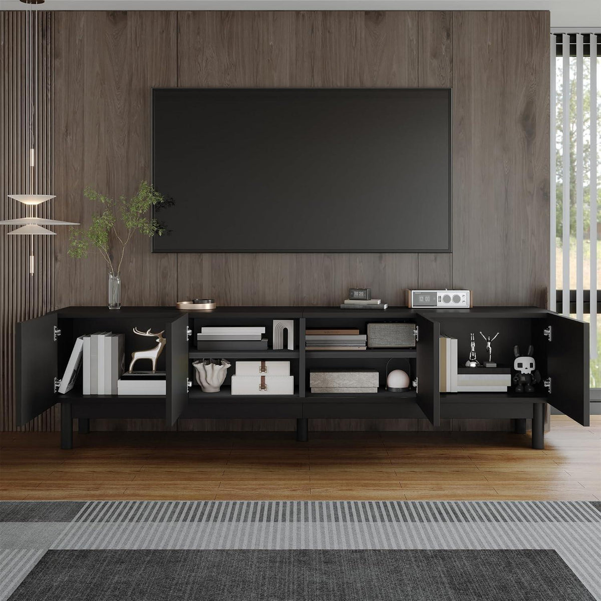 Schwarzer TV-Schrank mit Wellenförmigen Türen & Stauraum (169cm)