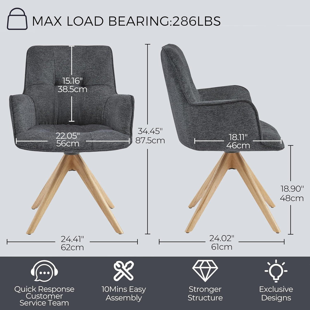 Drehbarer Esszimmerstuhl Dunkelgrau mit Armlehnen & Bouclé