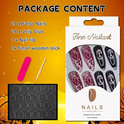 24 Halloween Press On Nägel Lang Square French Tip mit Blutstropfen