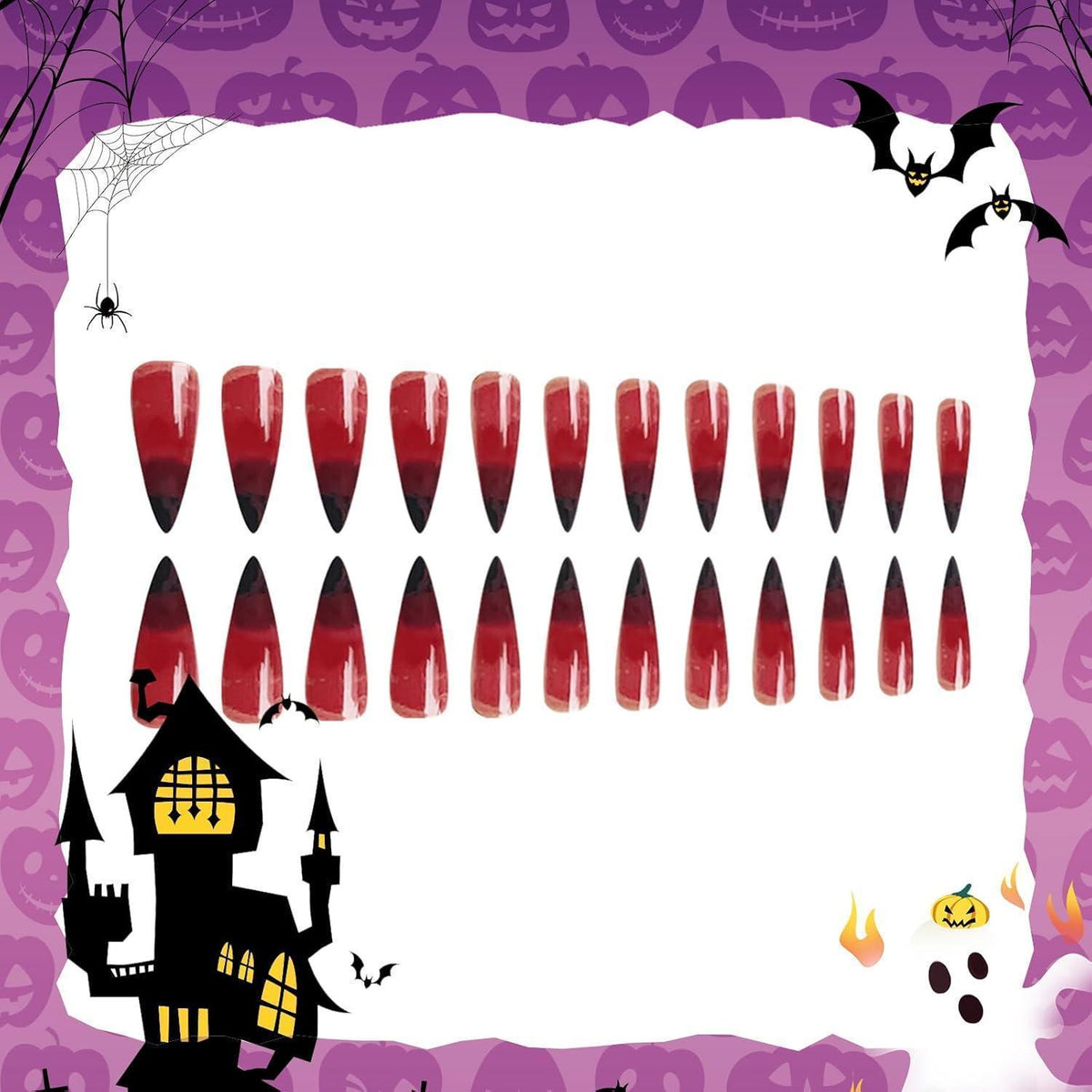 24 Halloween Press On Nails - Rot Schwarz Gradient Kunstnägel Set