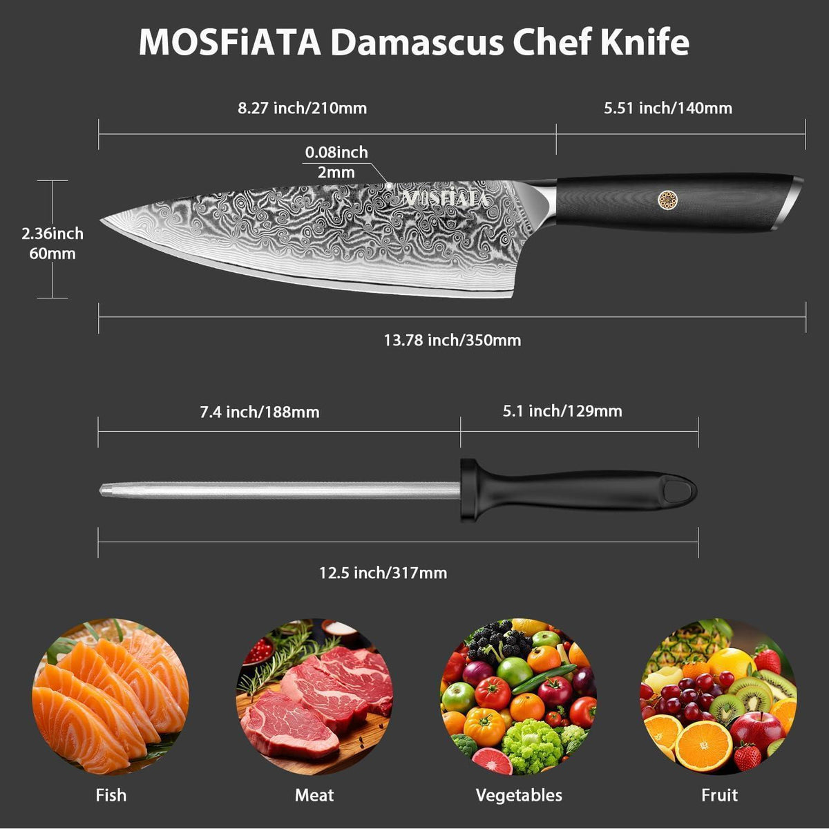 20cm Damast Kochmesser mit Wetzstahl – Scharfes Küchenmesser