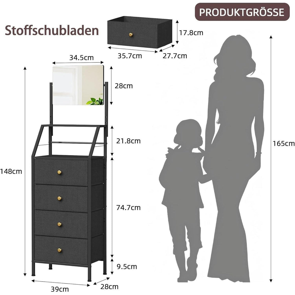 Hohe Schlafzimmerkommode mit Spiegel & 4 Schubladen – Schwarz