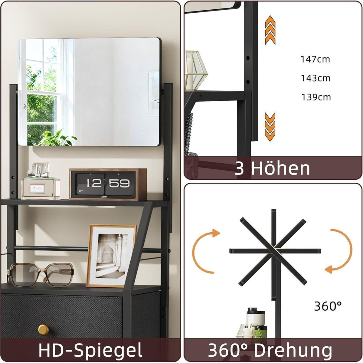 Hohe Schlafzimmerkommode mit Spiegel & 4 Schubladen – Schwarz