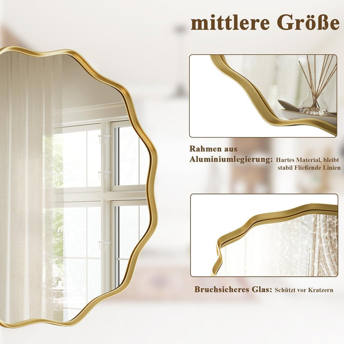Runder Wandspiegel mit gewelltem Rand, Gold 105cm