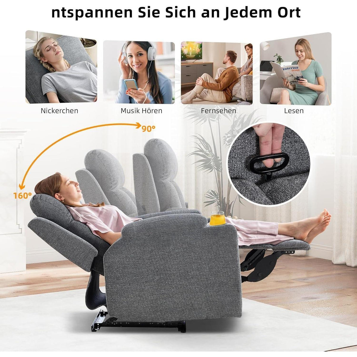 Manueller Relaxsessel mit Liegefunktion & Getränkehalter - Dunkelgrau