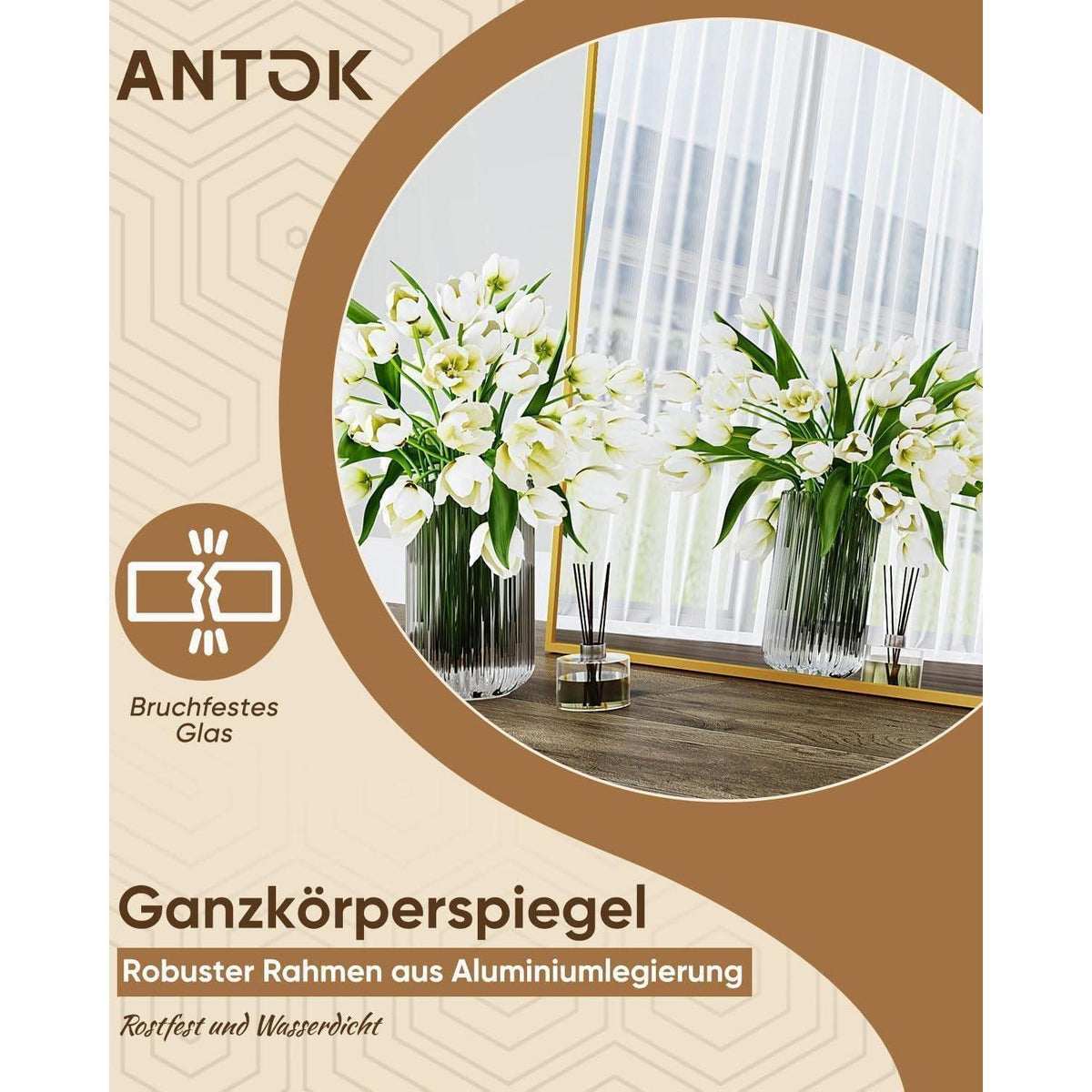 Gewölbter Ganzkörperspiegel mit Aluminiumrahmen – 161x52 cm