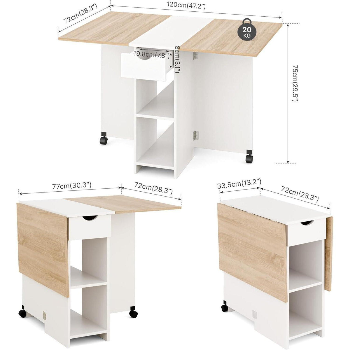 Klapptisch mit Schublade und Rollen, Eiche & Weiß