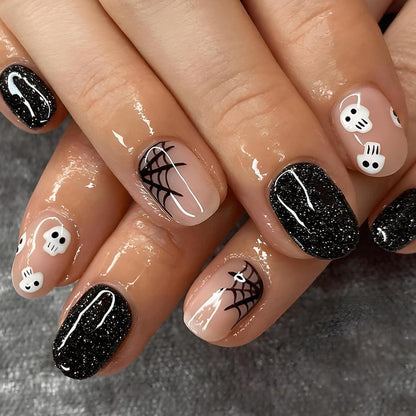 24 Nude Schwarz Press On Nails – Halloween Spinnennetz Design