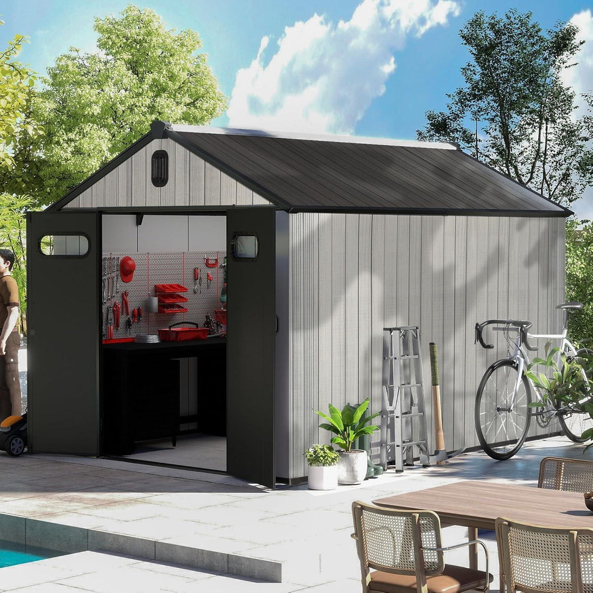 Gartenhaus Kunststoff Grau – 2,3x2,9m, Wetterfest & Abschließbar