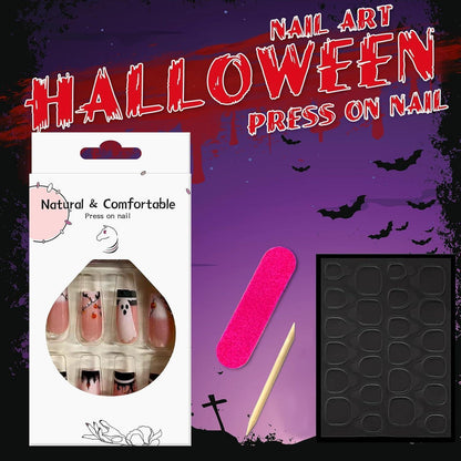 24 Eckige Halloween Nägel Schwarz Glitzer & Nude Rosa Press On Nails