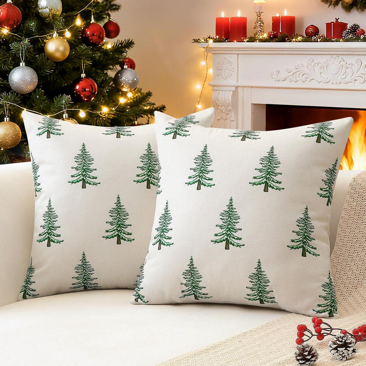 Weihnachtliche Kissenbezüge 2er Set 50x50 cm, Weihnachtsbaum Beige