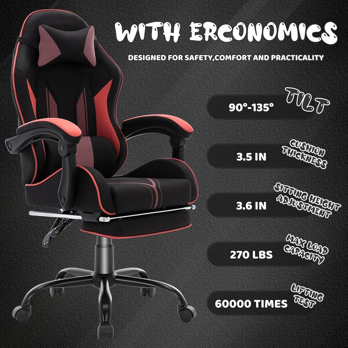Ergonomischer Gaming Stuhl mit Fußstütze & Lendenkissen – Schwarz
