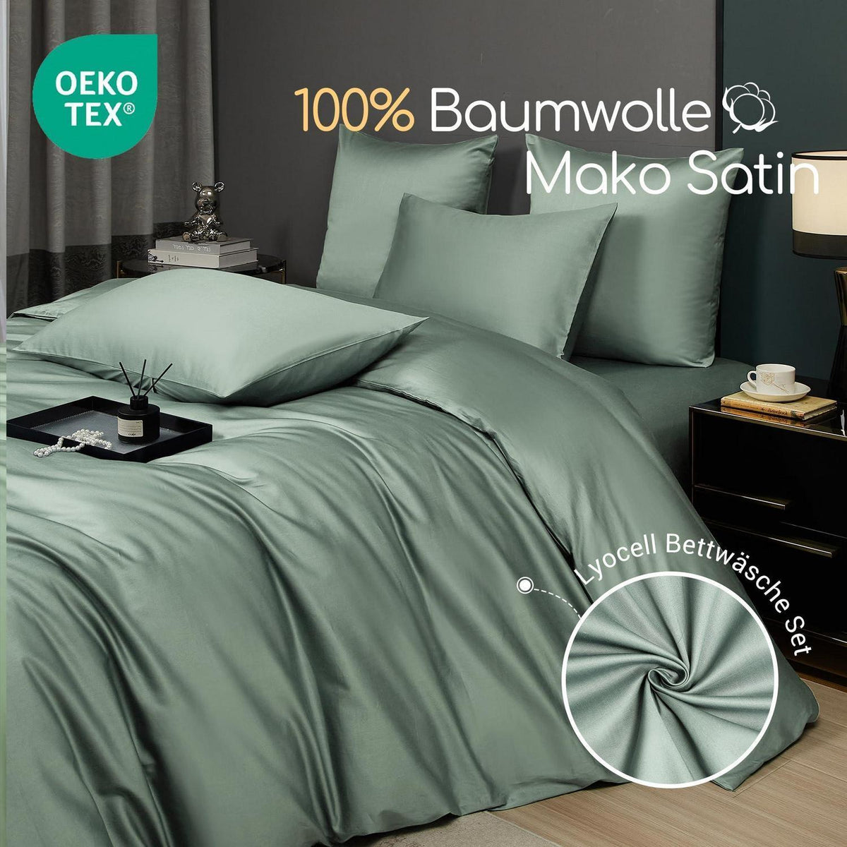 Mako Satin Bettwäsche Set 200x220 Grün Baumwolle