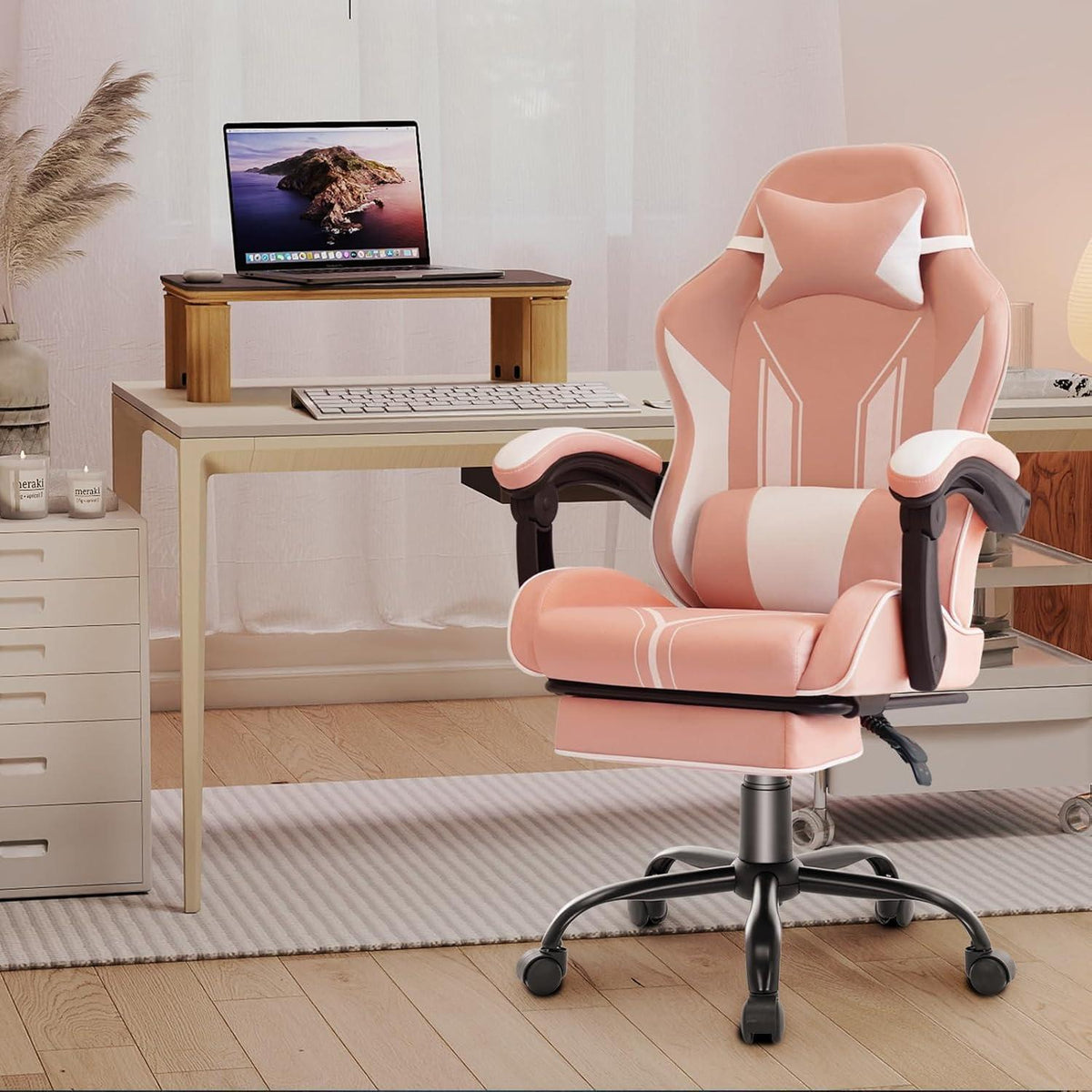 Ergonomischer Gaming Stuhl mit Fußstütze & Lendenkissen – Rosa
