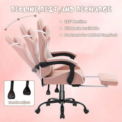 Ergonomischer Gaming Stuhl mit Fußstütze & Lendenkissen – Rosa