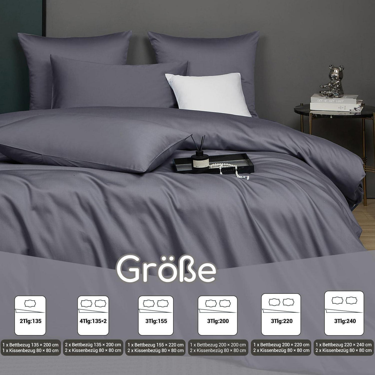 Mako Satin Bettwäsche Set 200x220 Hellgrau Baumwolle