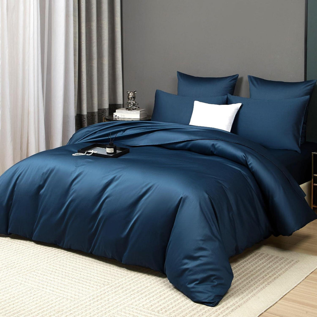 Mako Satin Bettwäsche Set 200x200 Petrol Blau 3-teilig