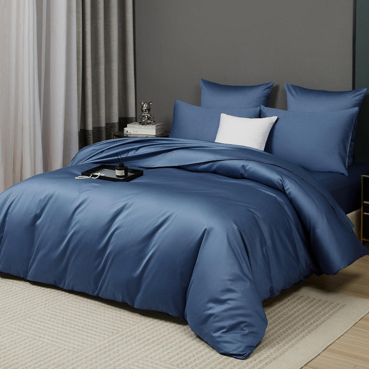 Mako Satin Bettwäsche Set 200x200 Blau Marine Uni