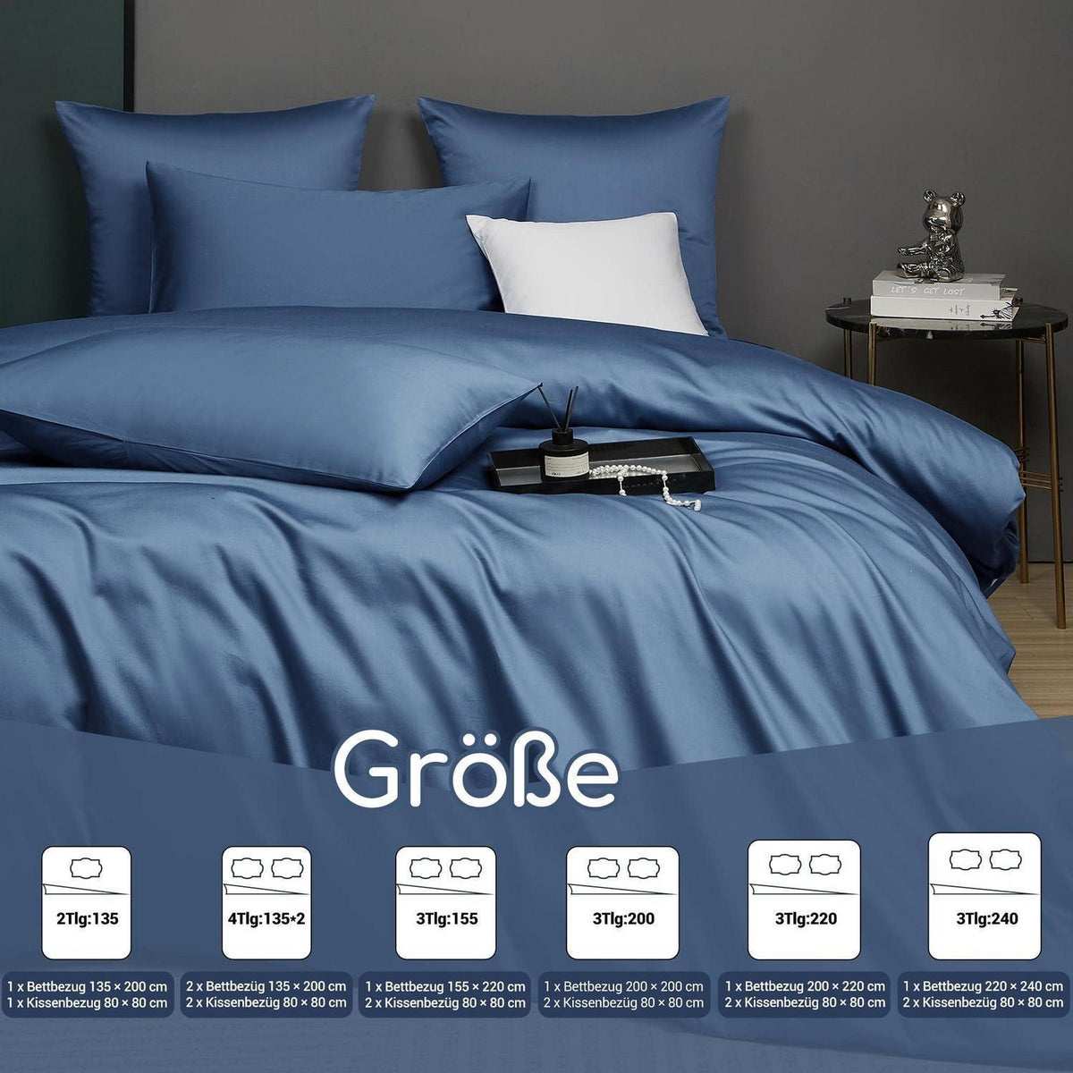 Mako Satin Bettwäsche Set 200x200 Blau Marine Uni