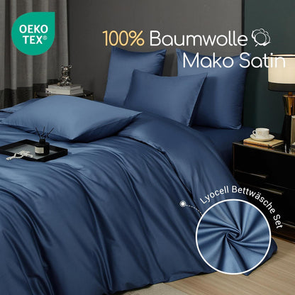 Mako Satin Bettwäsche Set 220x240 Petrol Blau 3-teilig