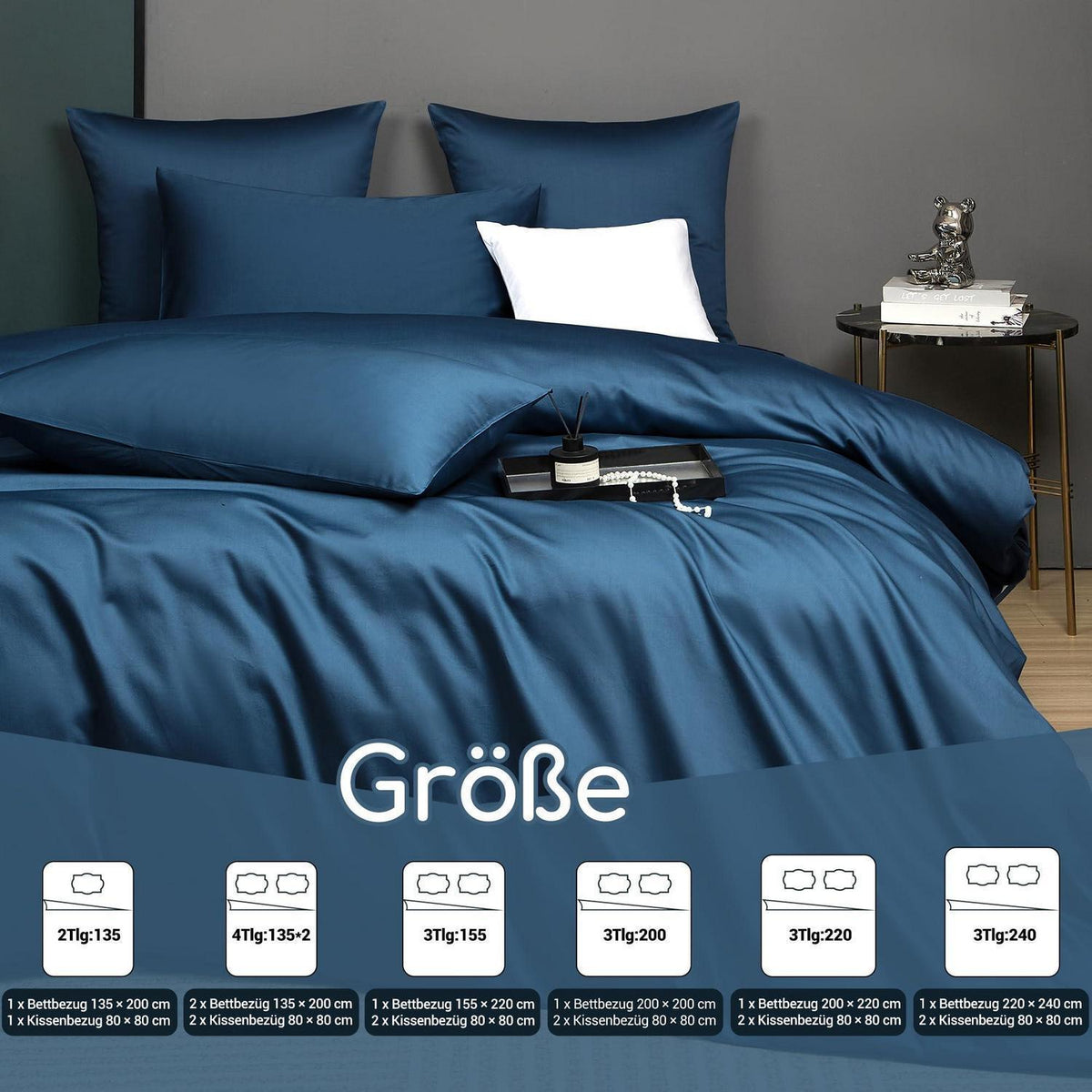 Mako Satin Bettwäsche Set 220x240 Petrol Blau 3-teilig