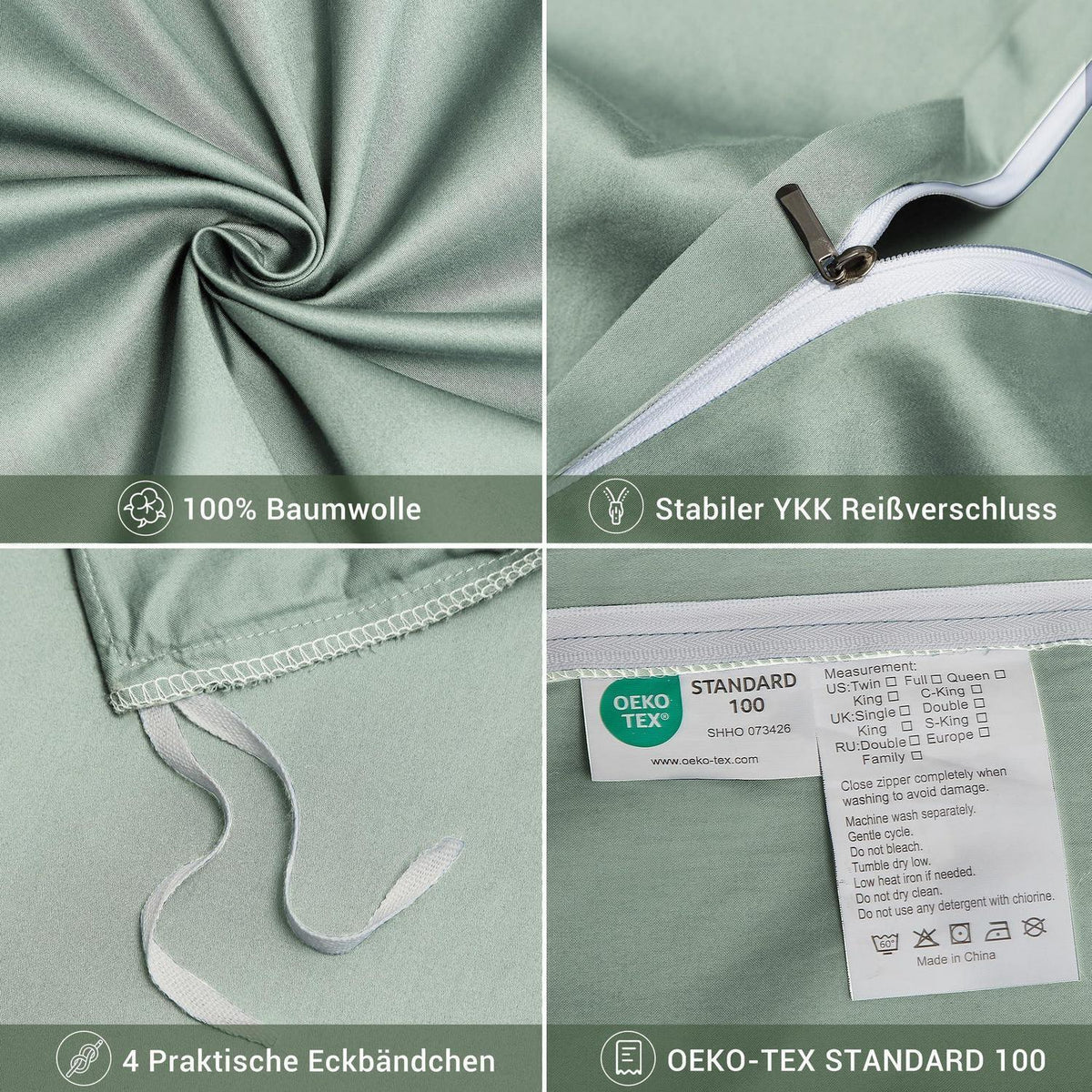 Mako Satin Bettwäsche 135x200, Grün-Salbeigrün, 4-teilig