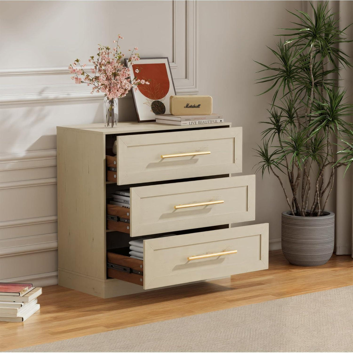 3 Schubladen Kommode – Beige Schlafzimmer Schrank mit Stauraum