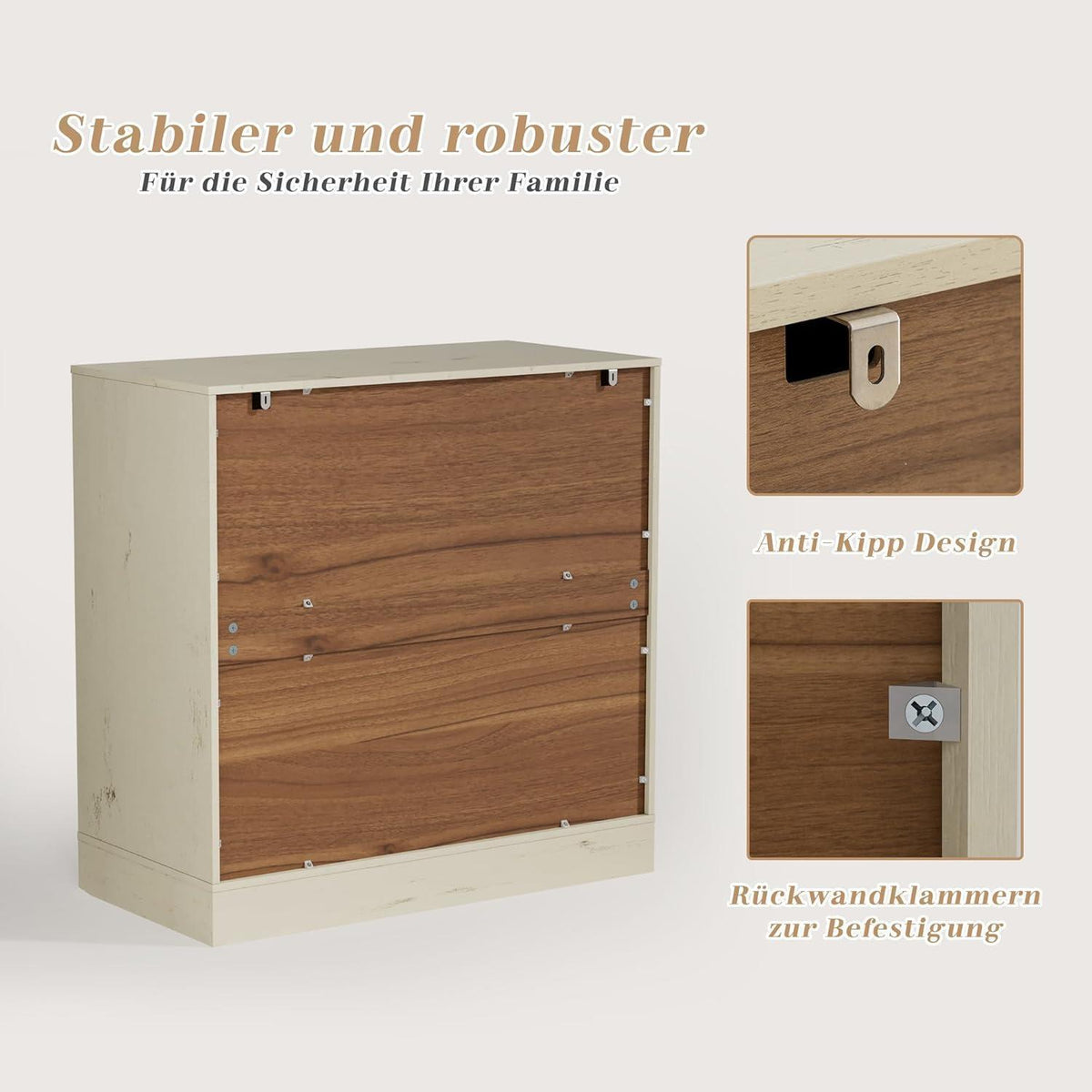 3 Schubladen Kommode – Beige Schlafzimmer Schrank mit Stauraum