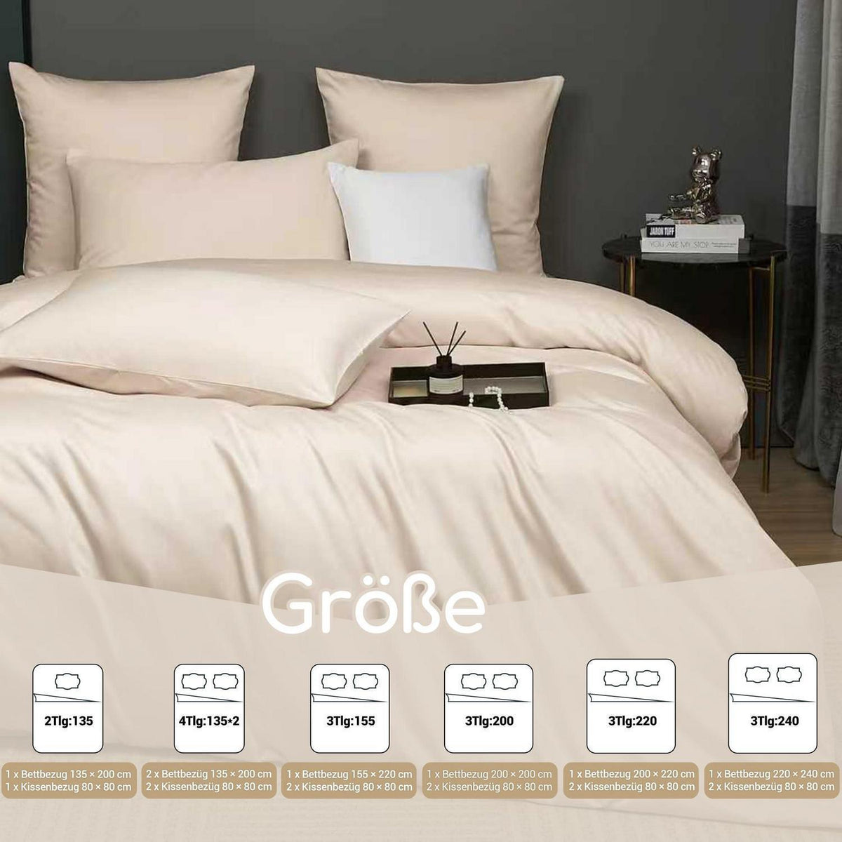 Baumwoll Bettwäsche Set 220x240 Taupe Mako Satin 3-teilig