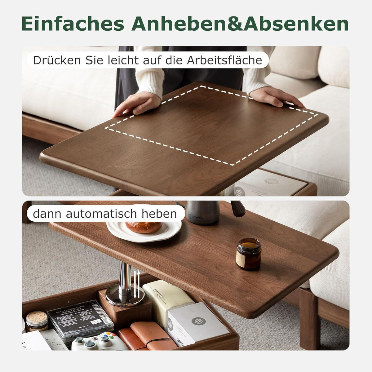 Massivholz Couchtisch Eiche, Höhenverstellbar & Drehbare Tischplatte